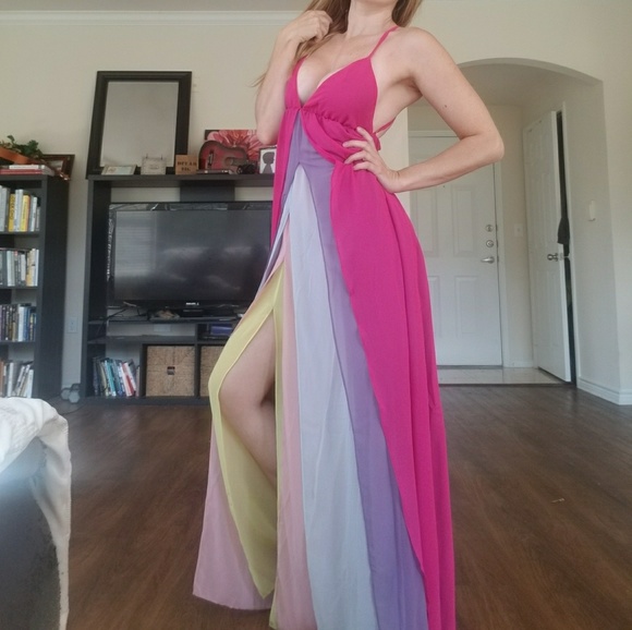 Nasty Gal Dresses & Skirts - 😍RARE Nasty Gal Layered Rainbow Maxi Cross Dress